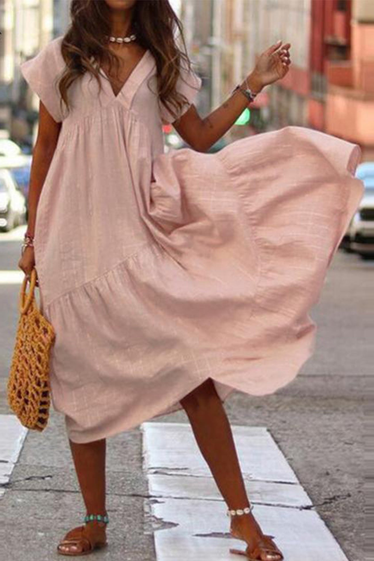 V Neck Cap Sleeve Cotton Linen Dress - Fashionpara