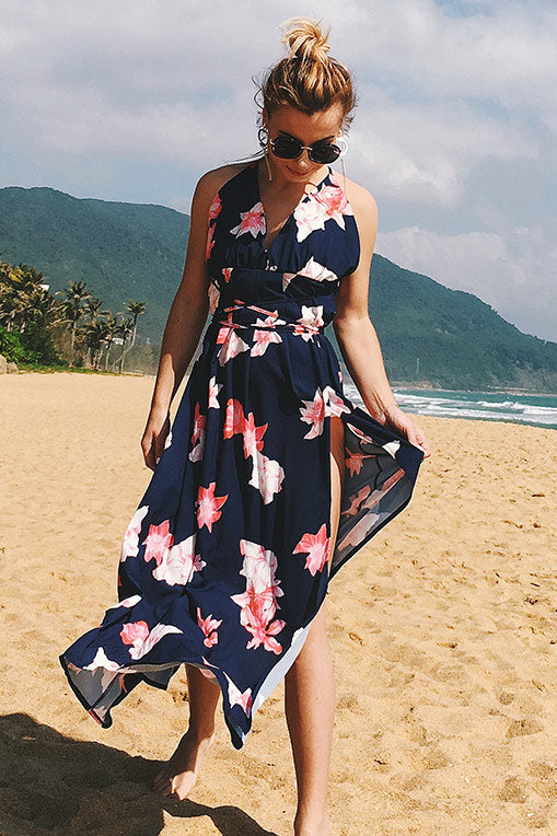 Floral V Neck Crisscross Lace-up High Split Maxi Dress - Mislish