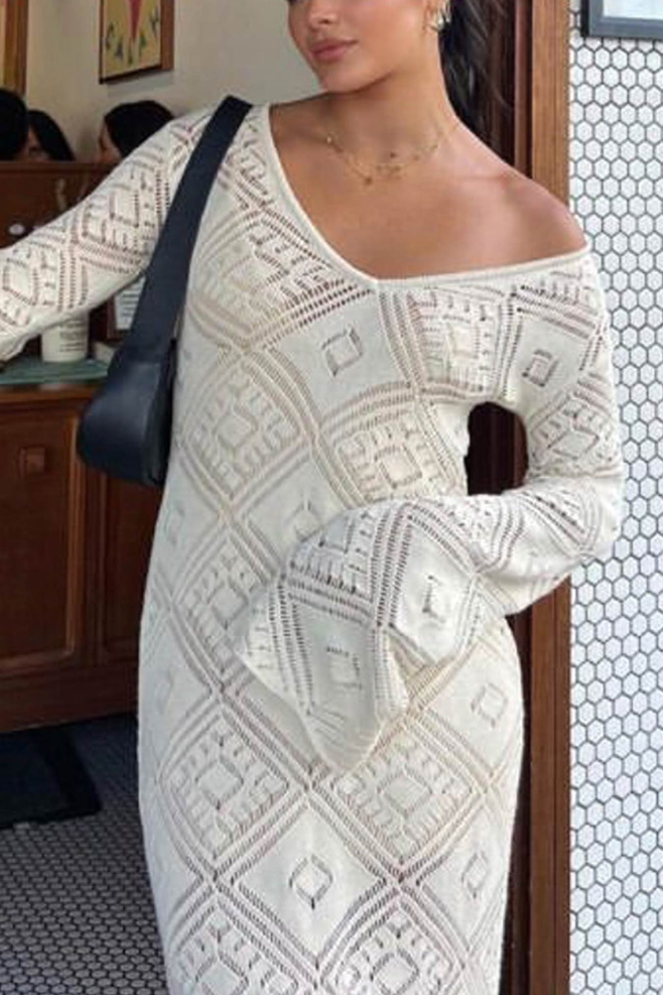 V Neck Crochet Checkered Hollow Out Midi Dress