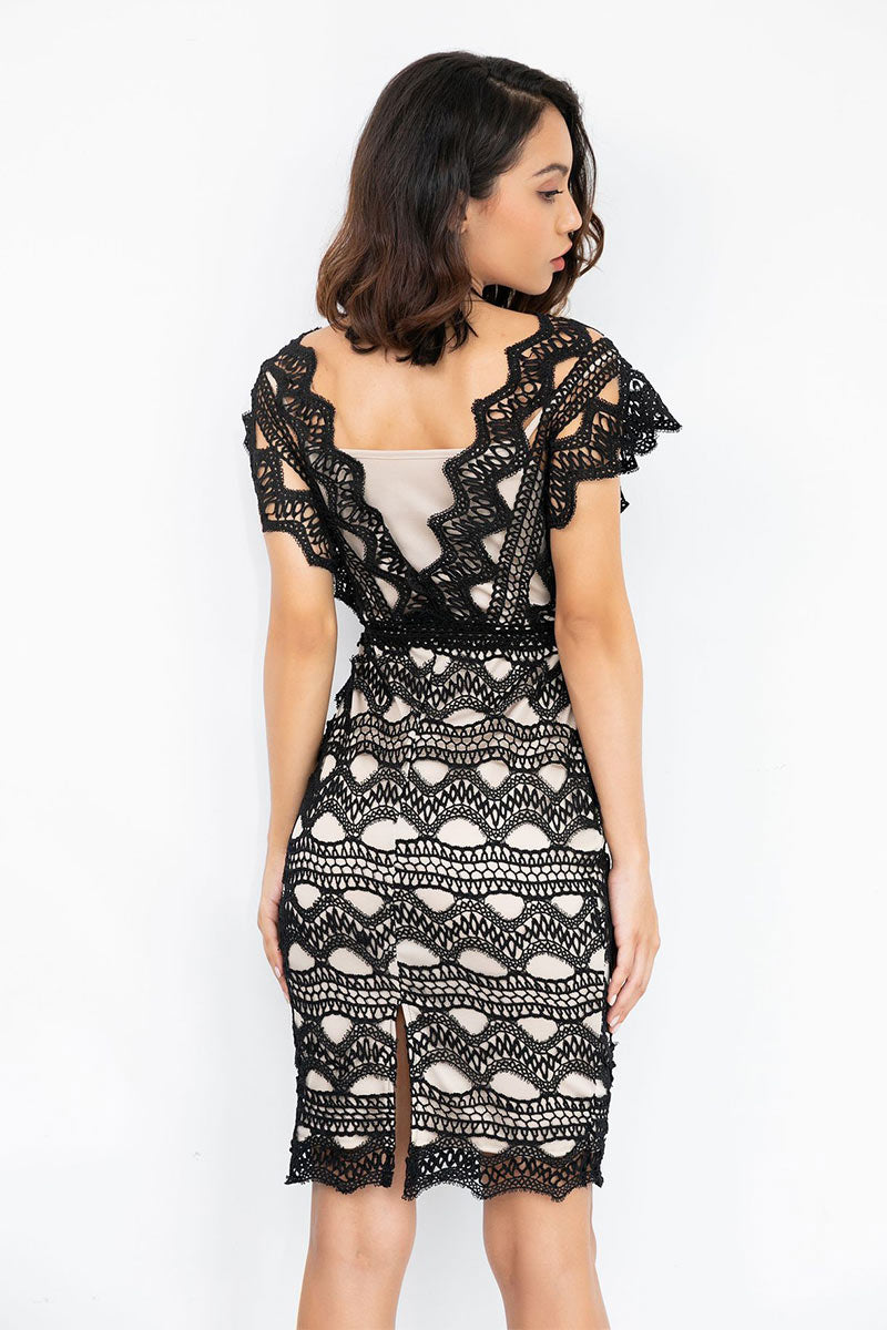 V Neck Cut Out Lace Empire Dress