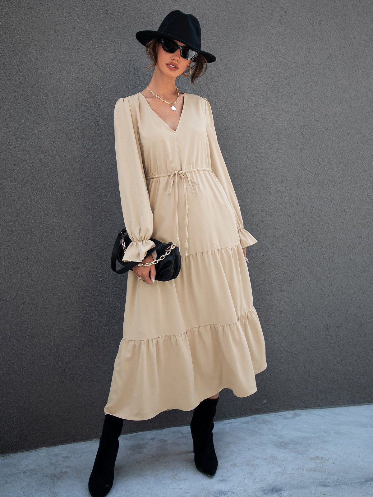 Satin V-Neck Long Sleeve Tiered Maxi Dress