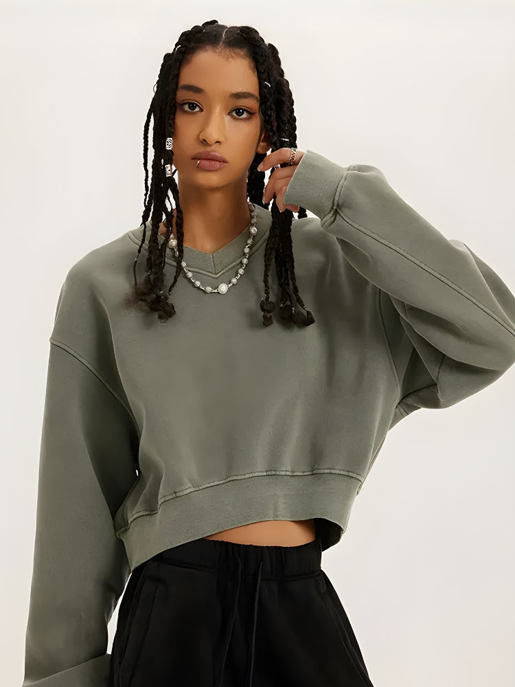 V-Neck Drop Shoulder Cropped Sweatshirt 3