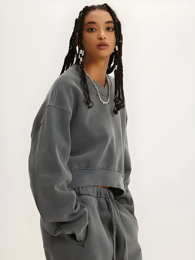 V-Neck Drop Shoulder Cropped Sweatshirt 9