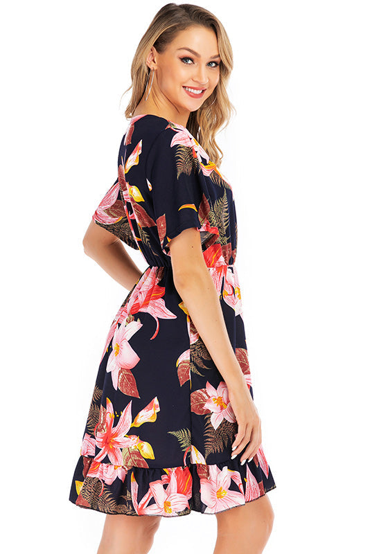 V Neck Floral Print Ruffle Hem Dress