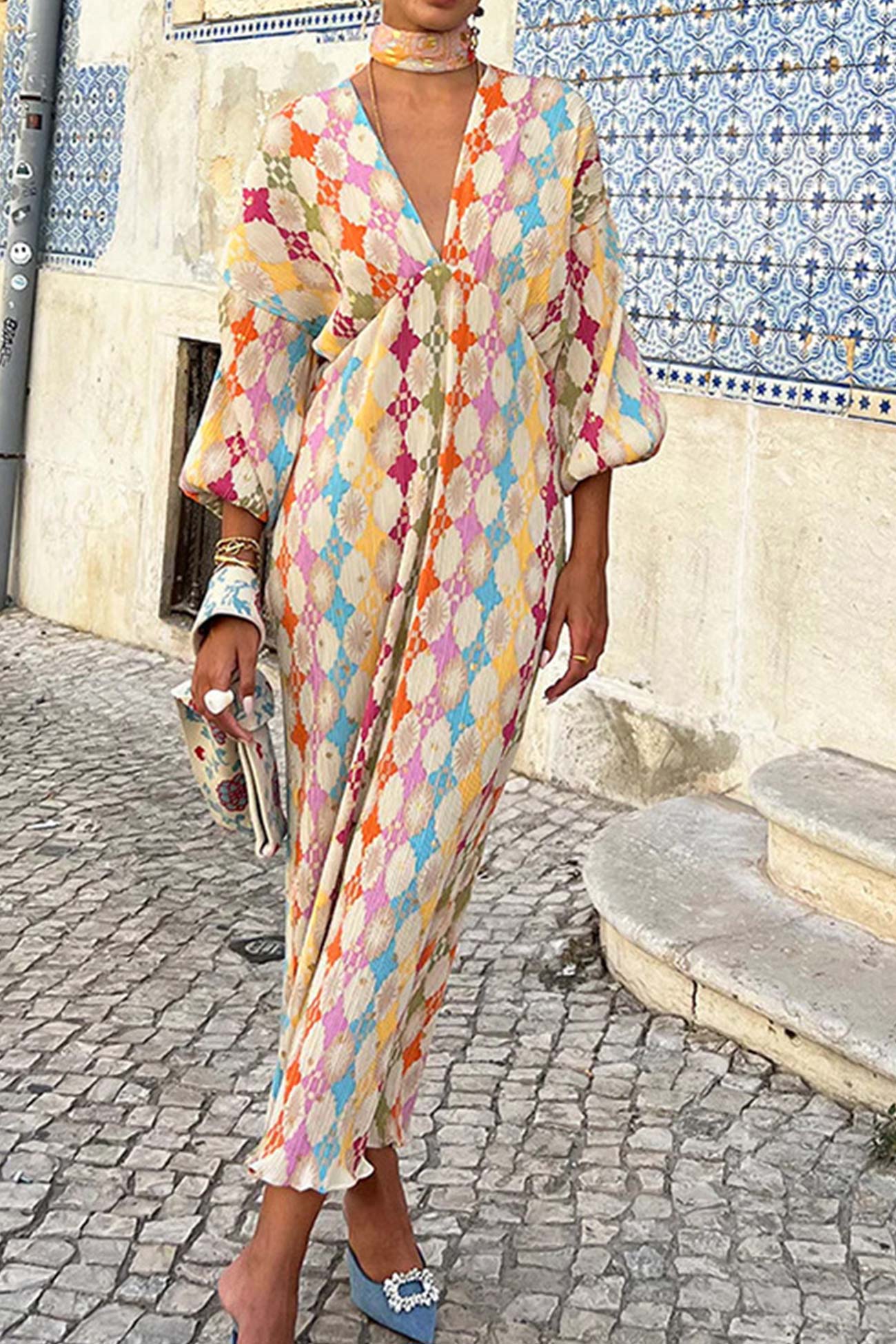 V Neck Geometric Print Lantern Sleeve Dress