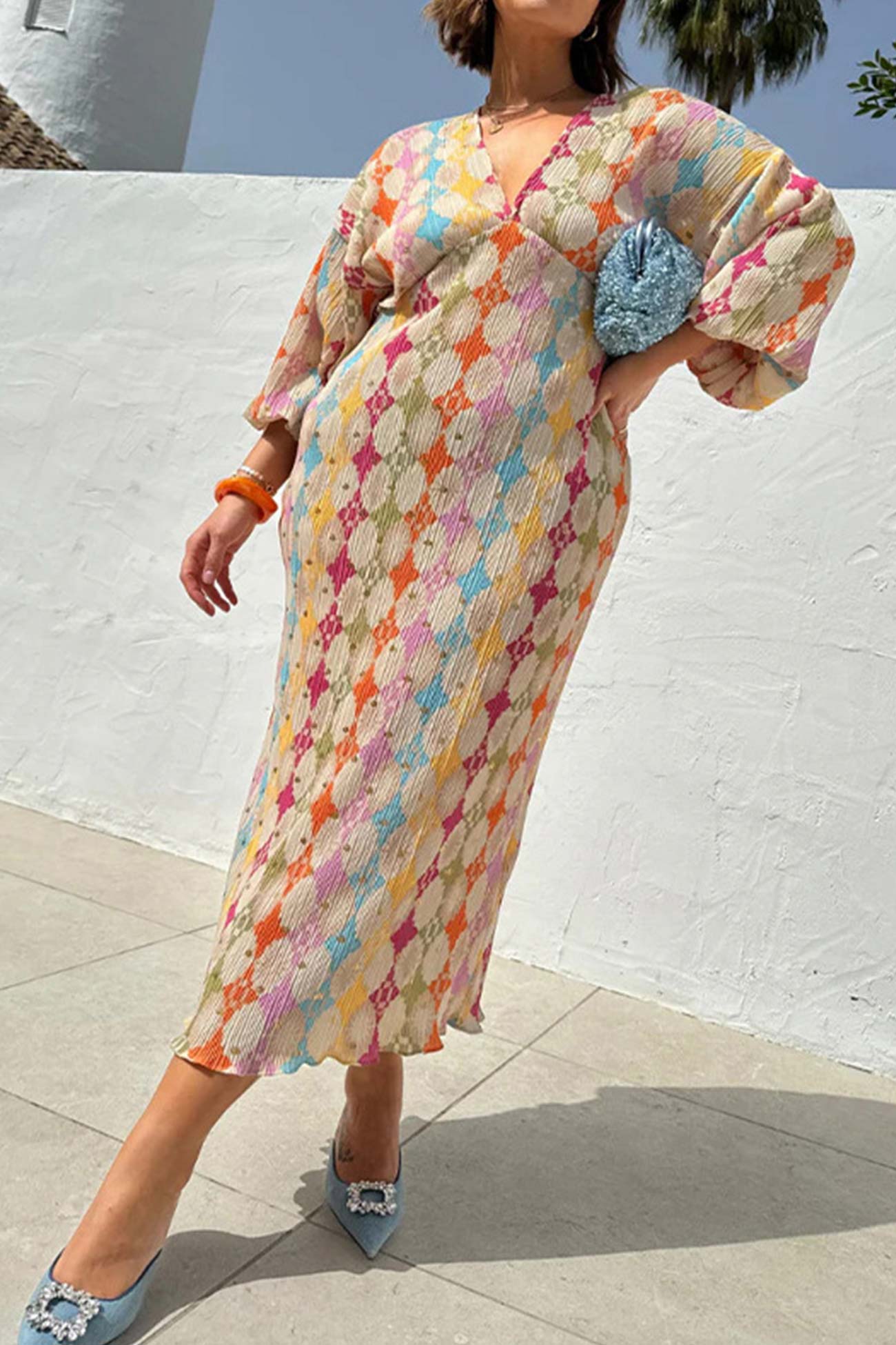 V Neck Geometric Print Lantern Sleeve Dress