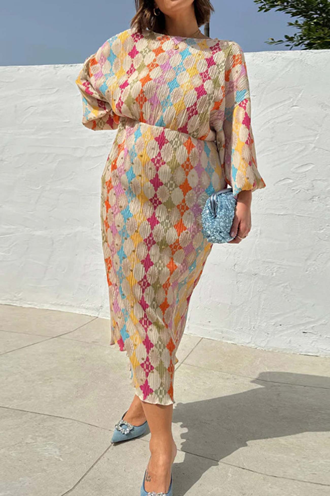 V Neck Geometric Print Lantern Sleeve Dress