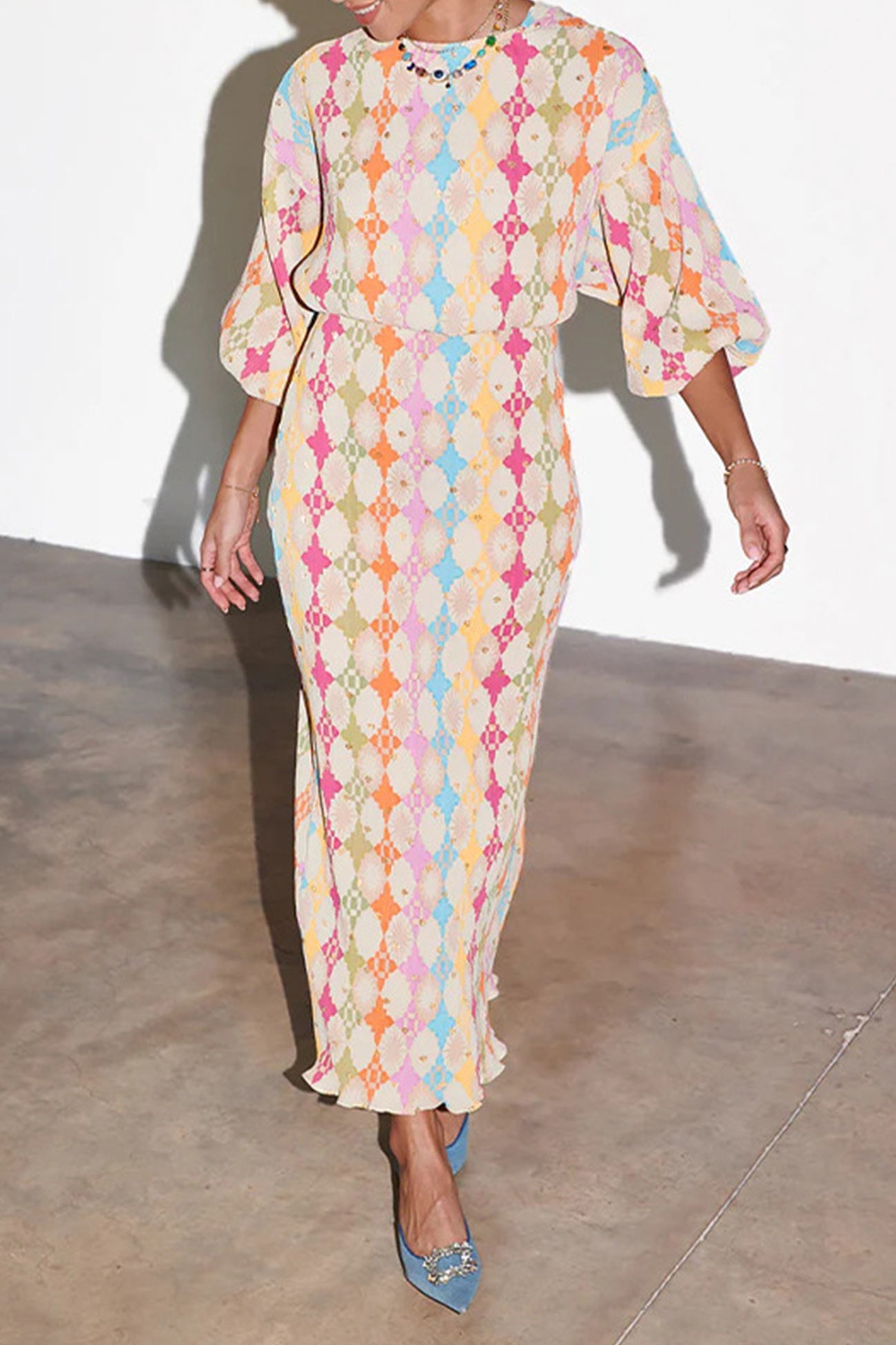 V Neck Geometric Print Lantern Sleeve Dress