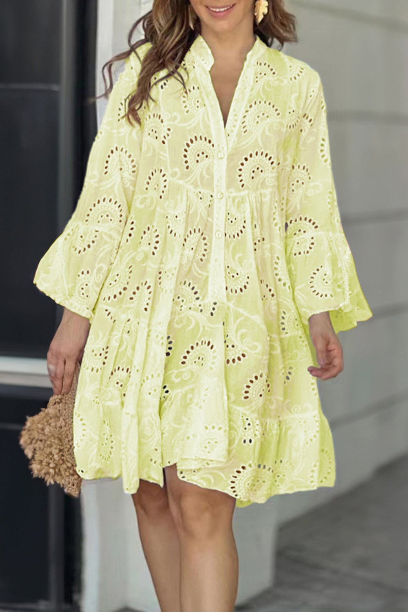 V Neck Lace Embroidery Hollow Out Cotton Dress - Fashionpara