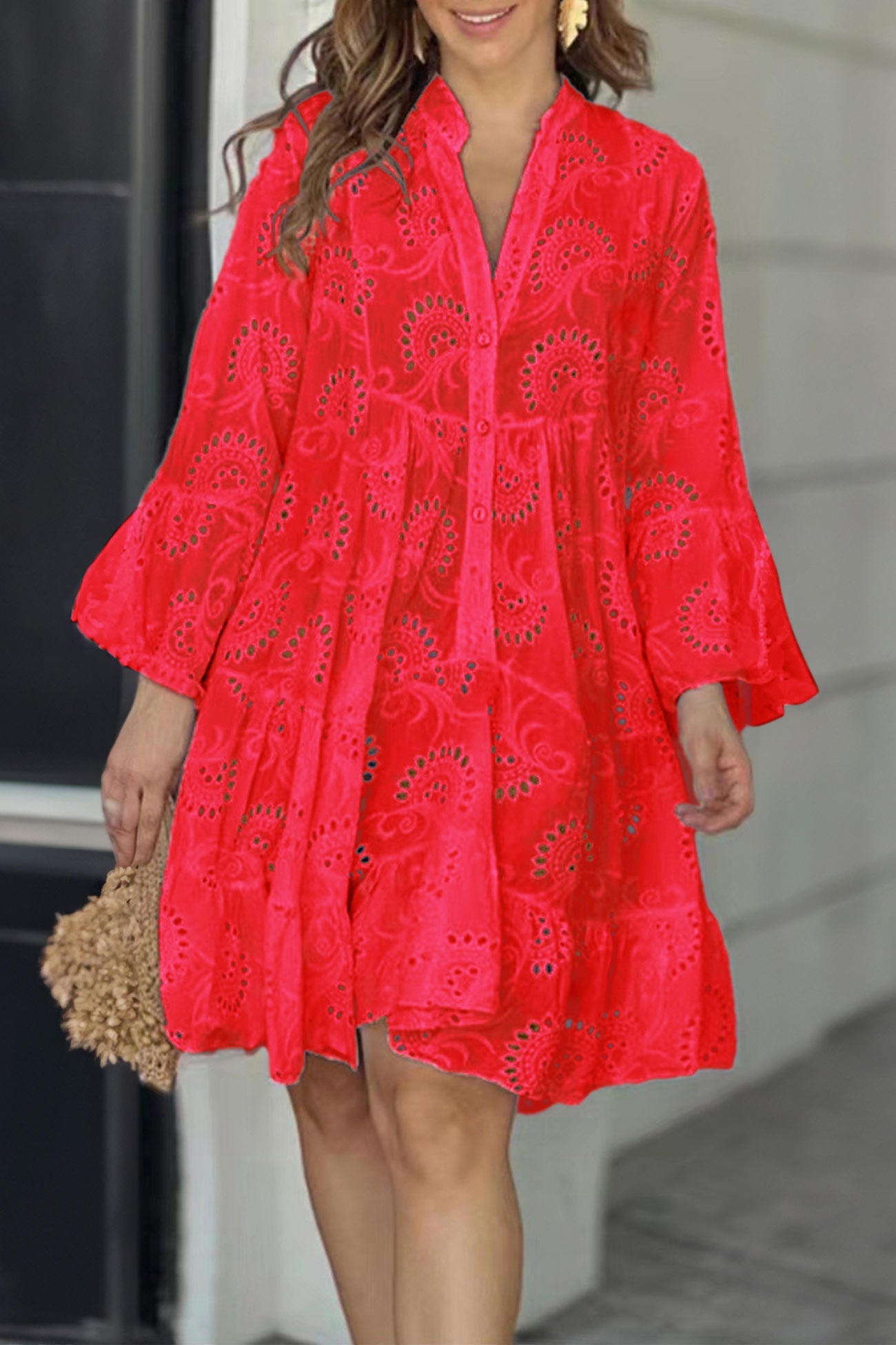 V Neck Lace Embroidery Hollow Out Cotton Dress - Fashionpara