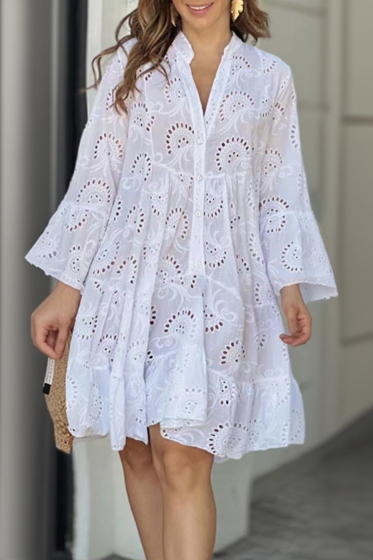 V Neck Lace Embroidery Hollow Out Cotton Dress - Fashionpara