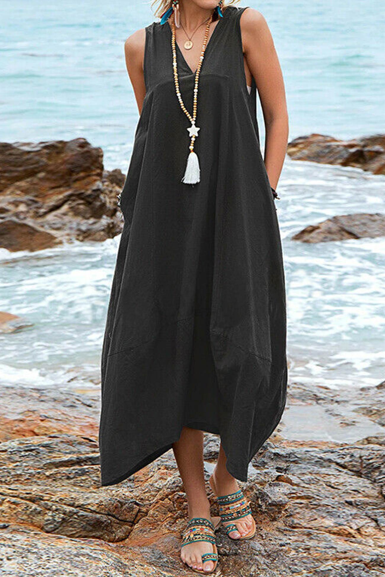 V Neck Pocketed Large Hem Sundress - Fashionpara