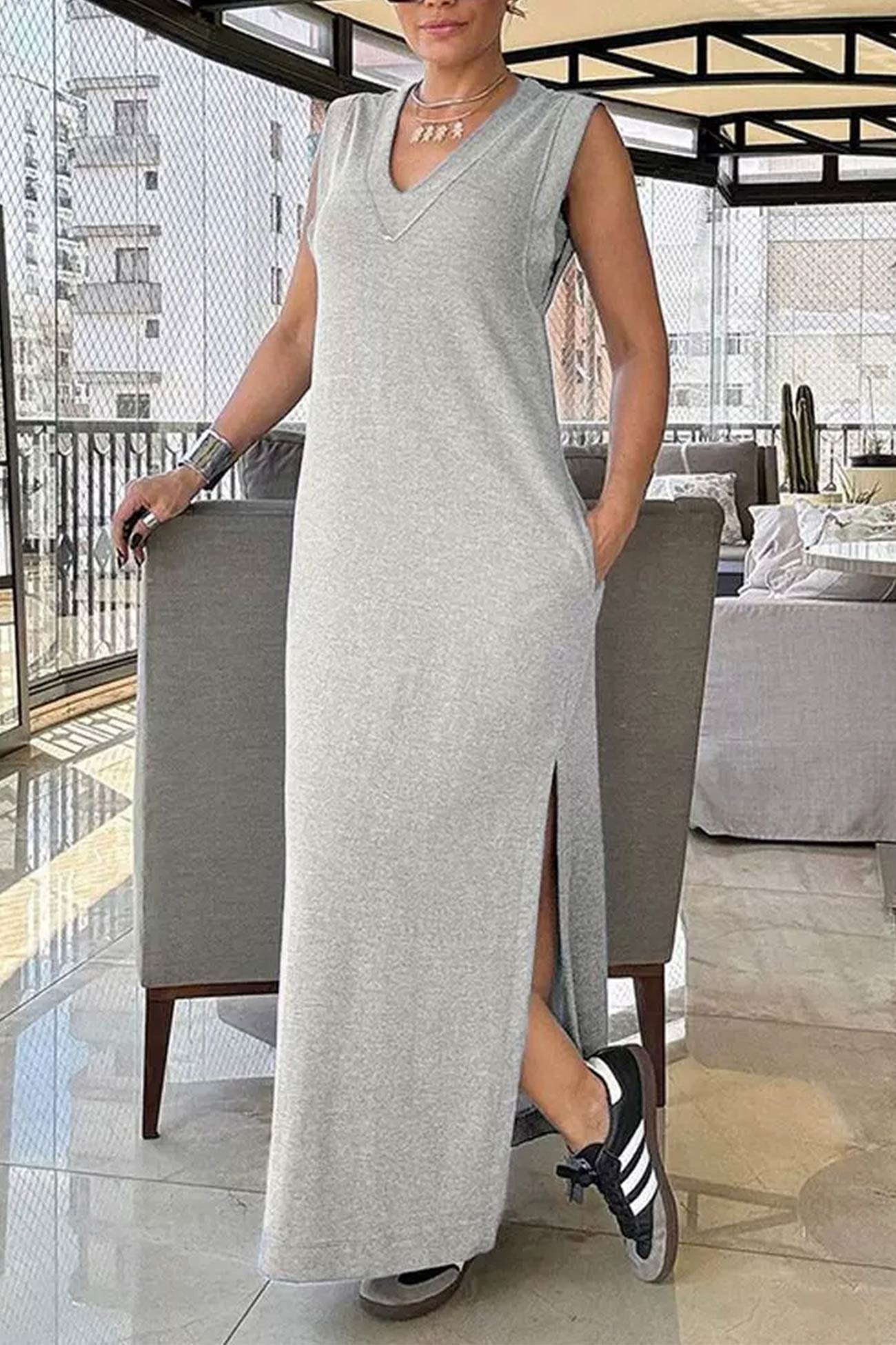 V Neck Pocketed Side Slit Tank Dress - Fashionpara