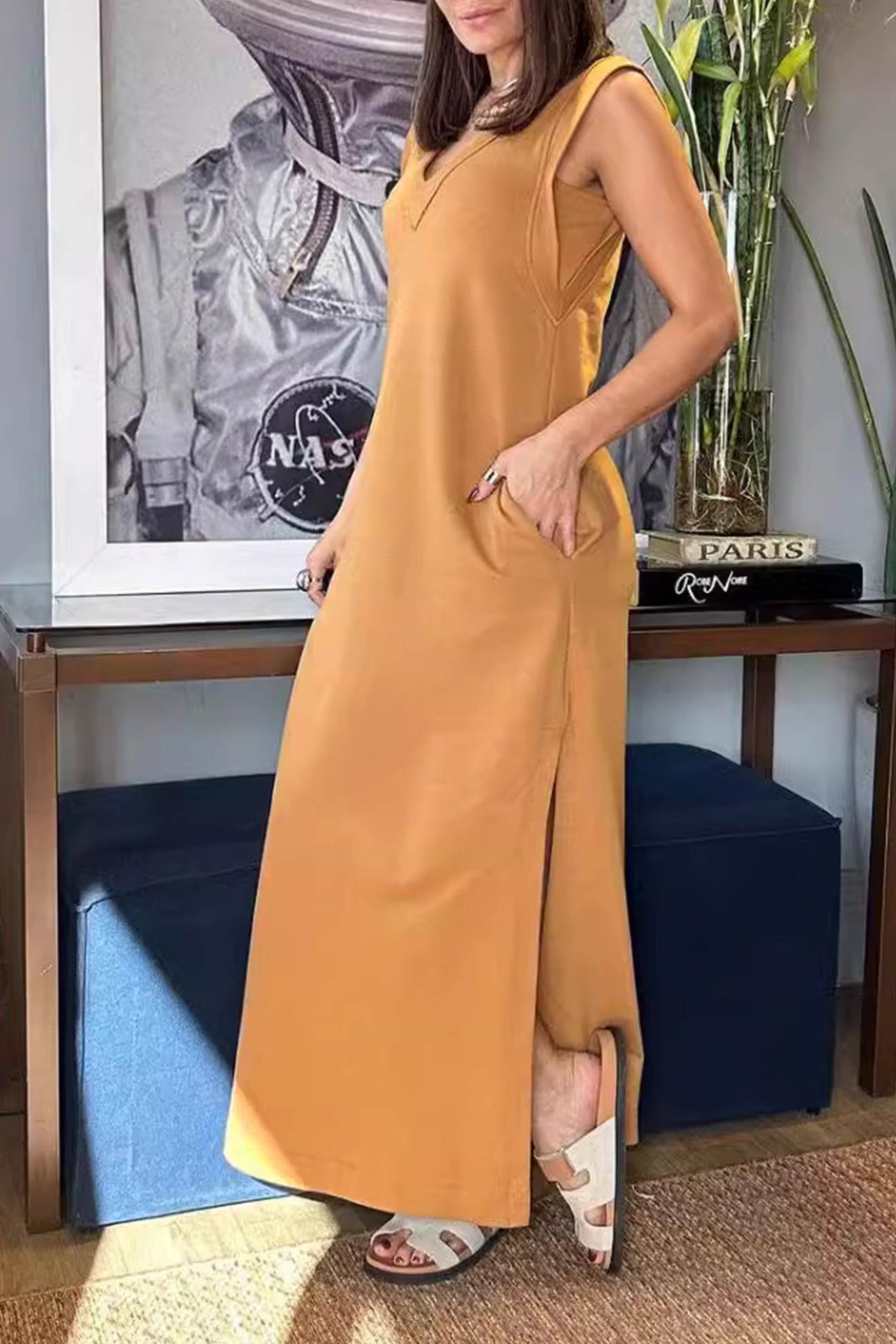 V Neck Pocketed Side Slit Tank Dress - Fashionpara