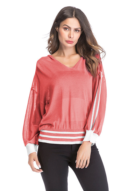 V Neck See Through Striped Blouse - Mislish