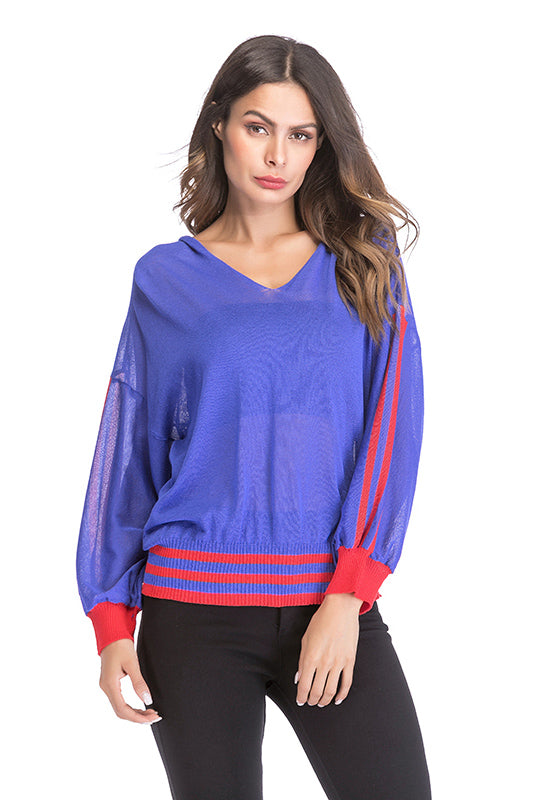 V Neck See Through Striped Blouse - Mislish