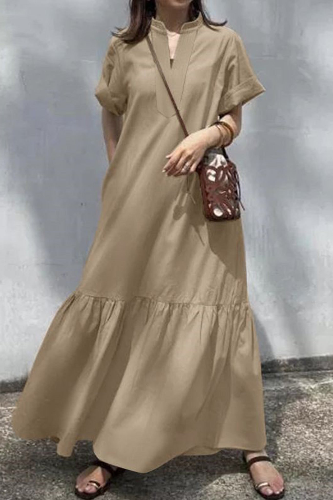 V Neck Short Sleeve A-line Dress - Fashionpara