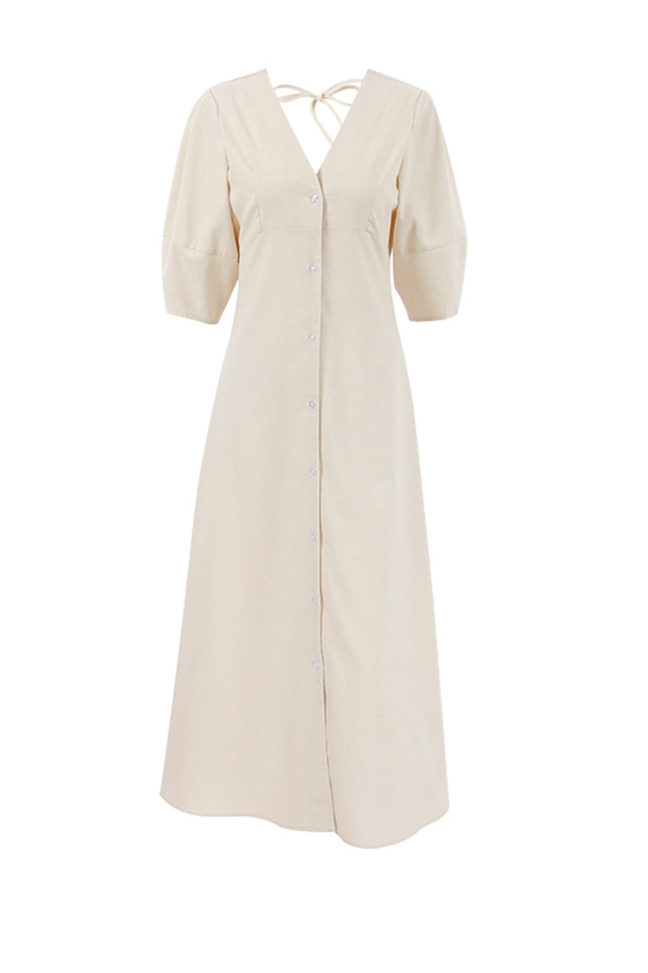 V Neck Single-breasted Cotton Linen A-line Dress