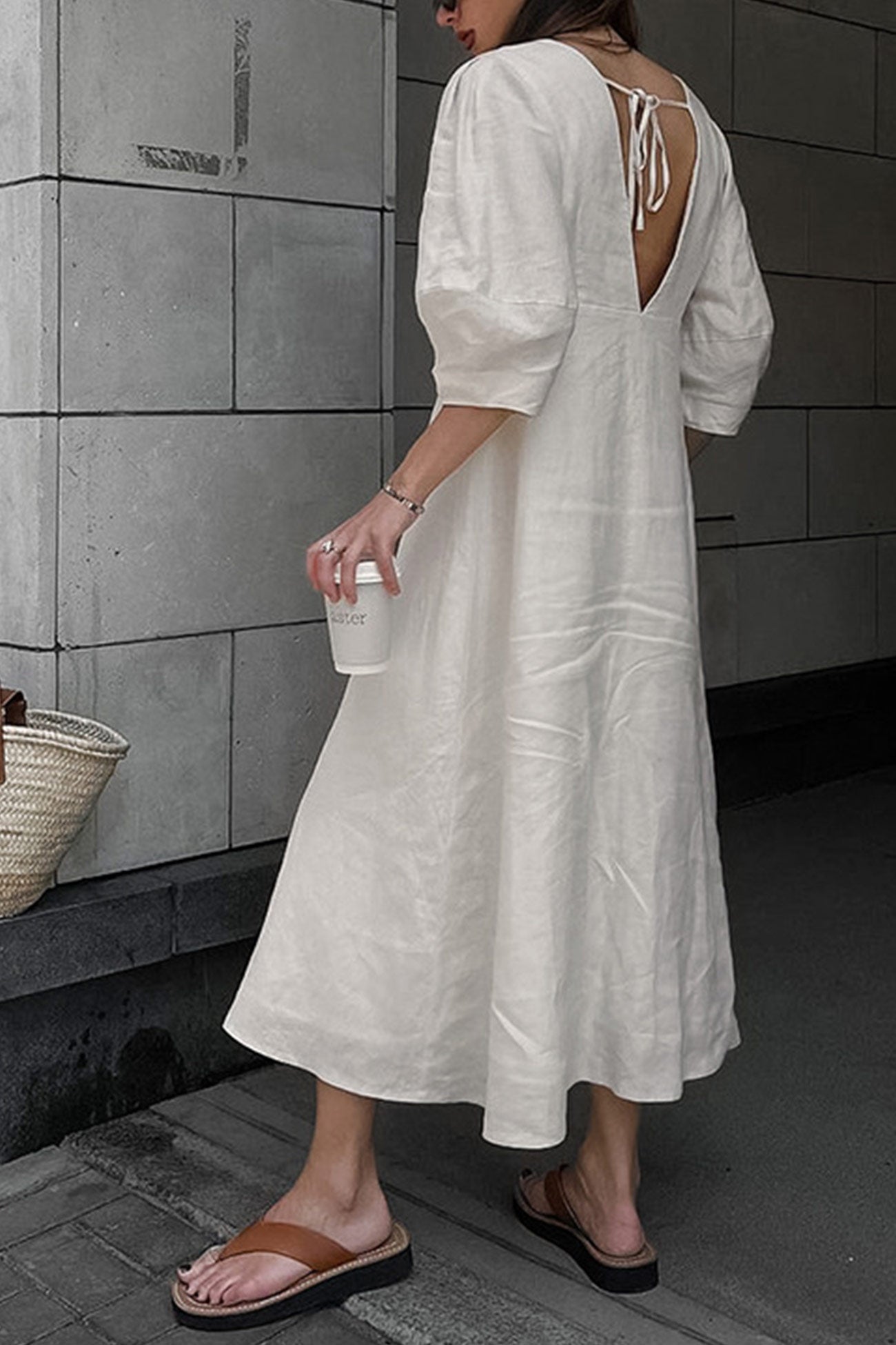V Neck Single-breasted Cotton Linen A-line Dress