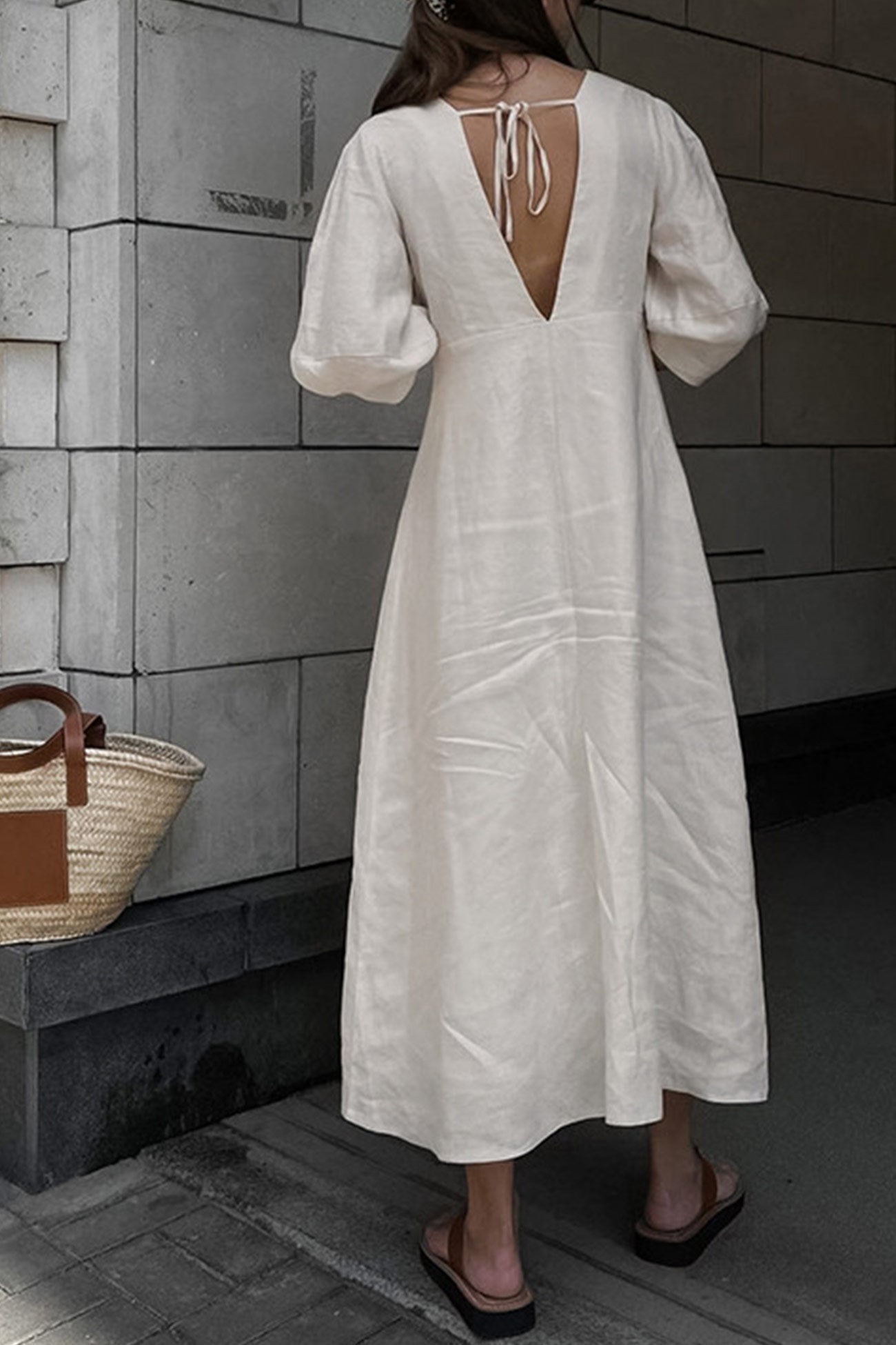 V Neck Single-breasted Cotton Linen A-line Dress