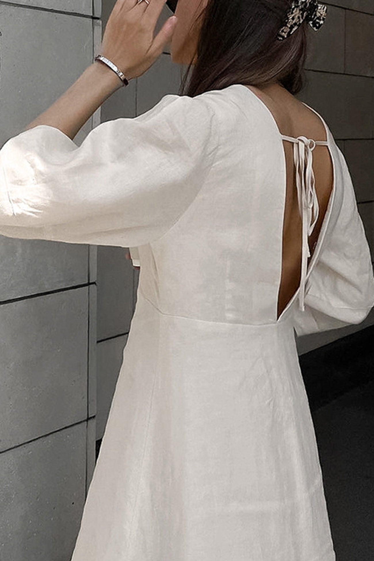 V Neck Single-breasted Cotton Linen A-line Dress