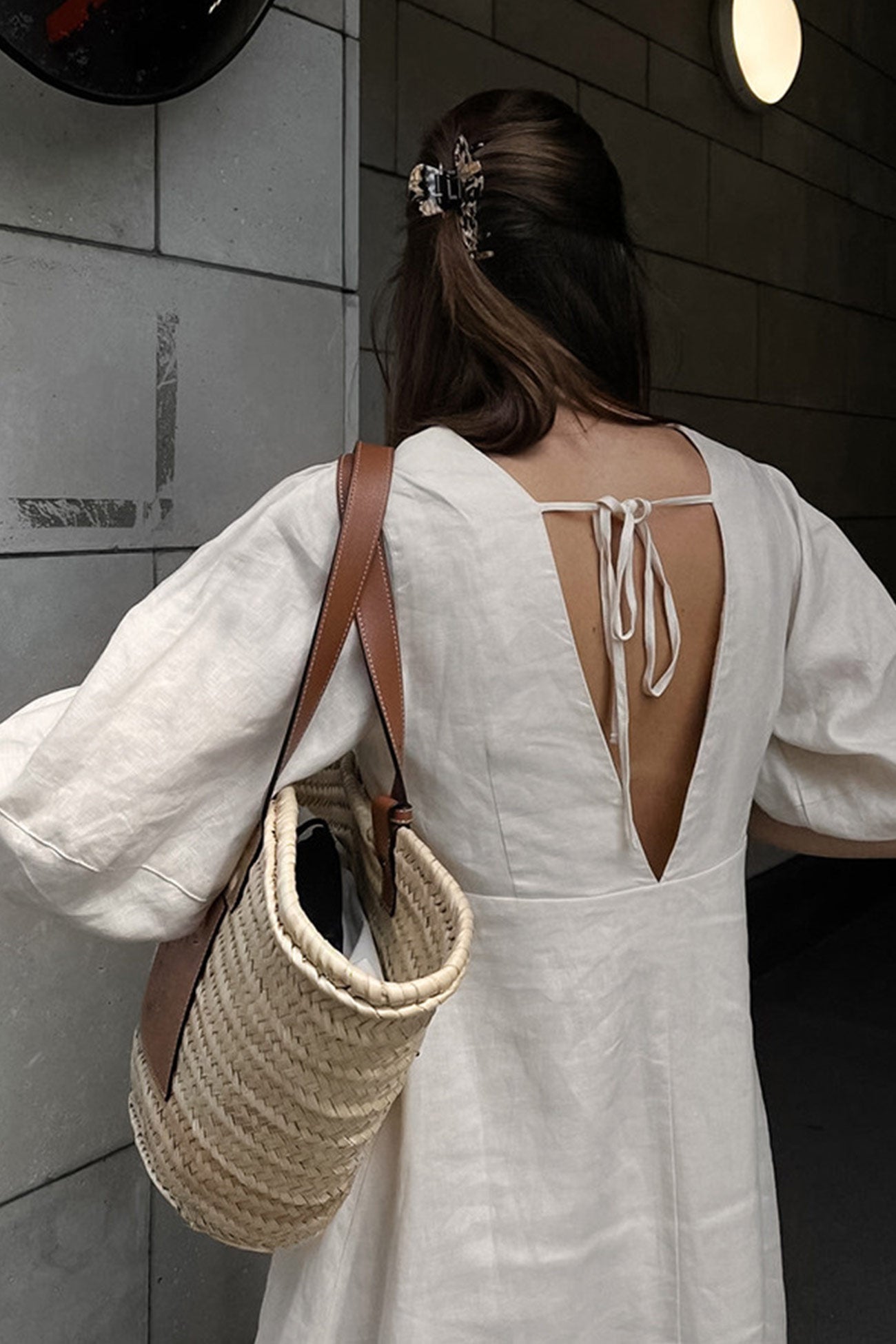 V Neck Single-breasted Cotton Linen A-line Dress