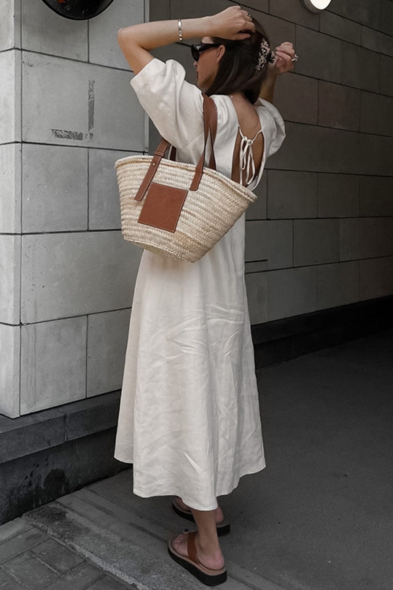 V Neck Single-breasted Cotton Linen A-line Dress