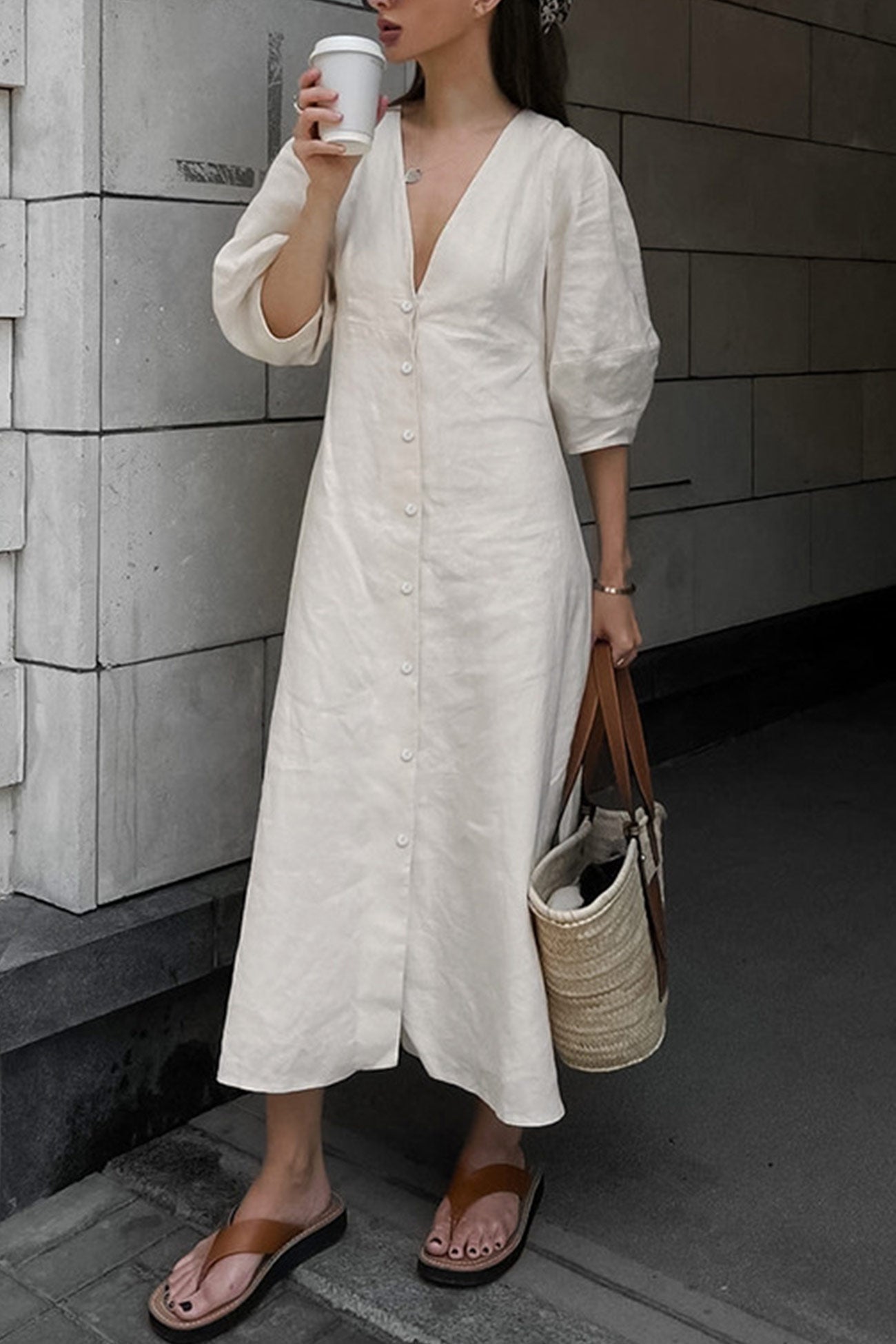 V Neck Single-breasted Cotton Linen A-line Dress