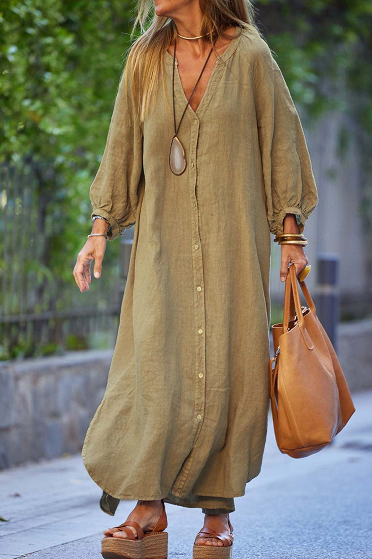 V Neck Single-breasted Long Sleeve Dress