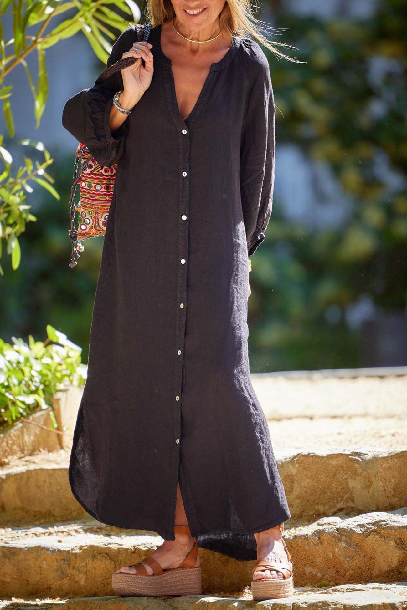 V Neck Single-breasted Long Sleeve Dress