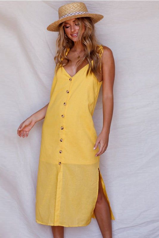 Button-Front V-Neck Spaghetti Strap Slip Midi Dress