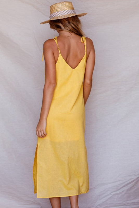 Button-Front V-Neck Spaghetti Strap Slip Midi Dress
