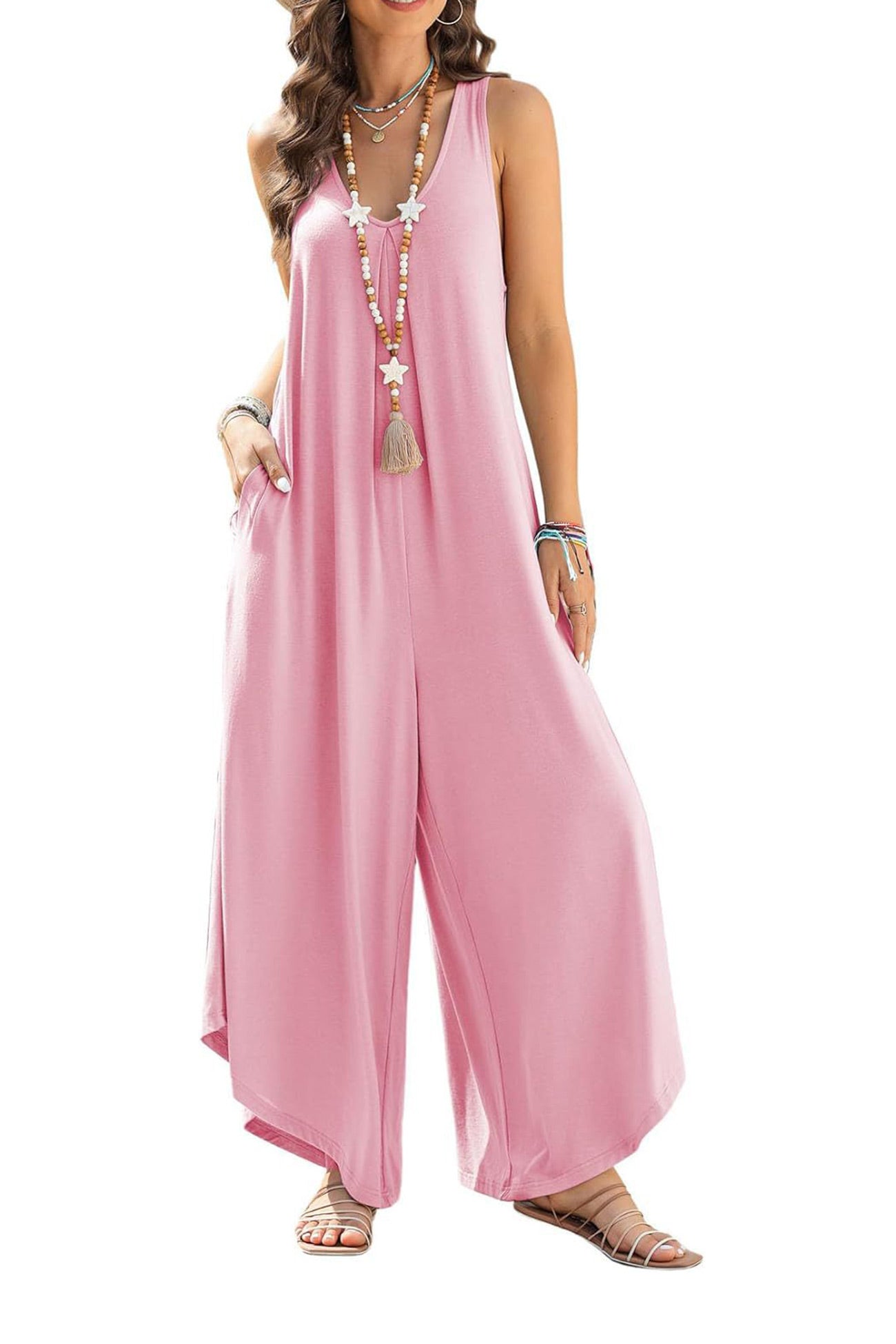 V Neck Solid Irregular Hem Cotton Jumpsuits - Fashionpara