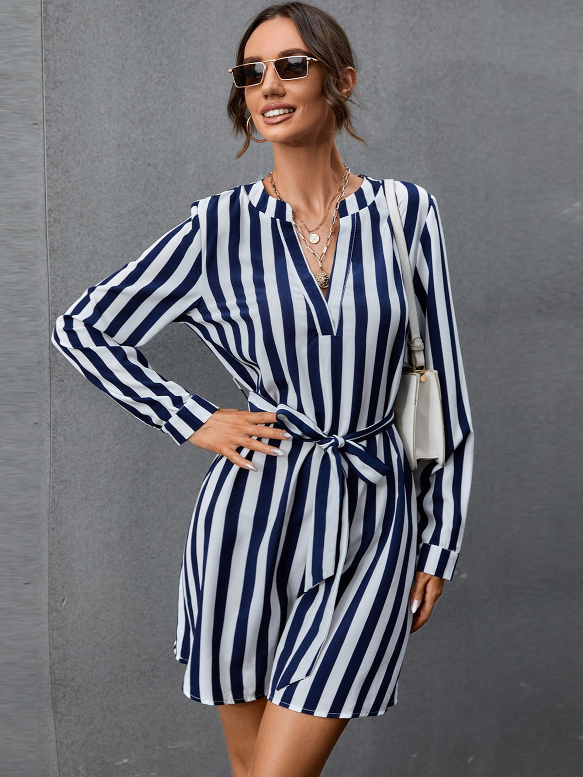 Striped V-Neck Long Sleeve Belted Shirt Mini Dress