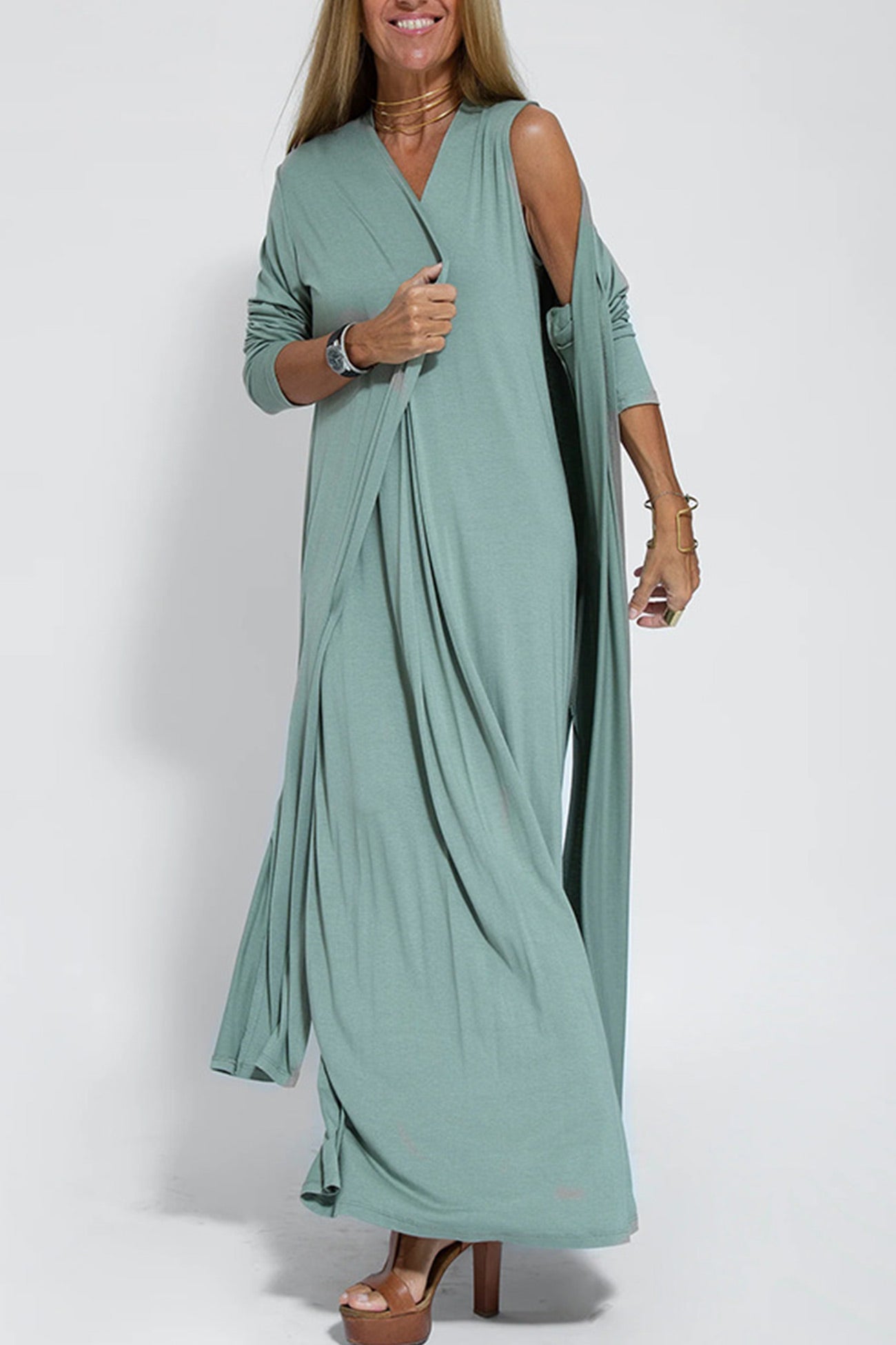Stylish V Neck Tank Dress and Long Cardigan Set for You