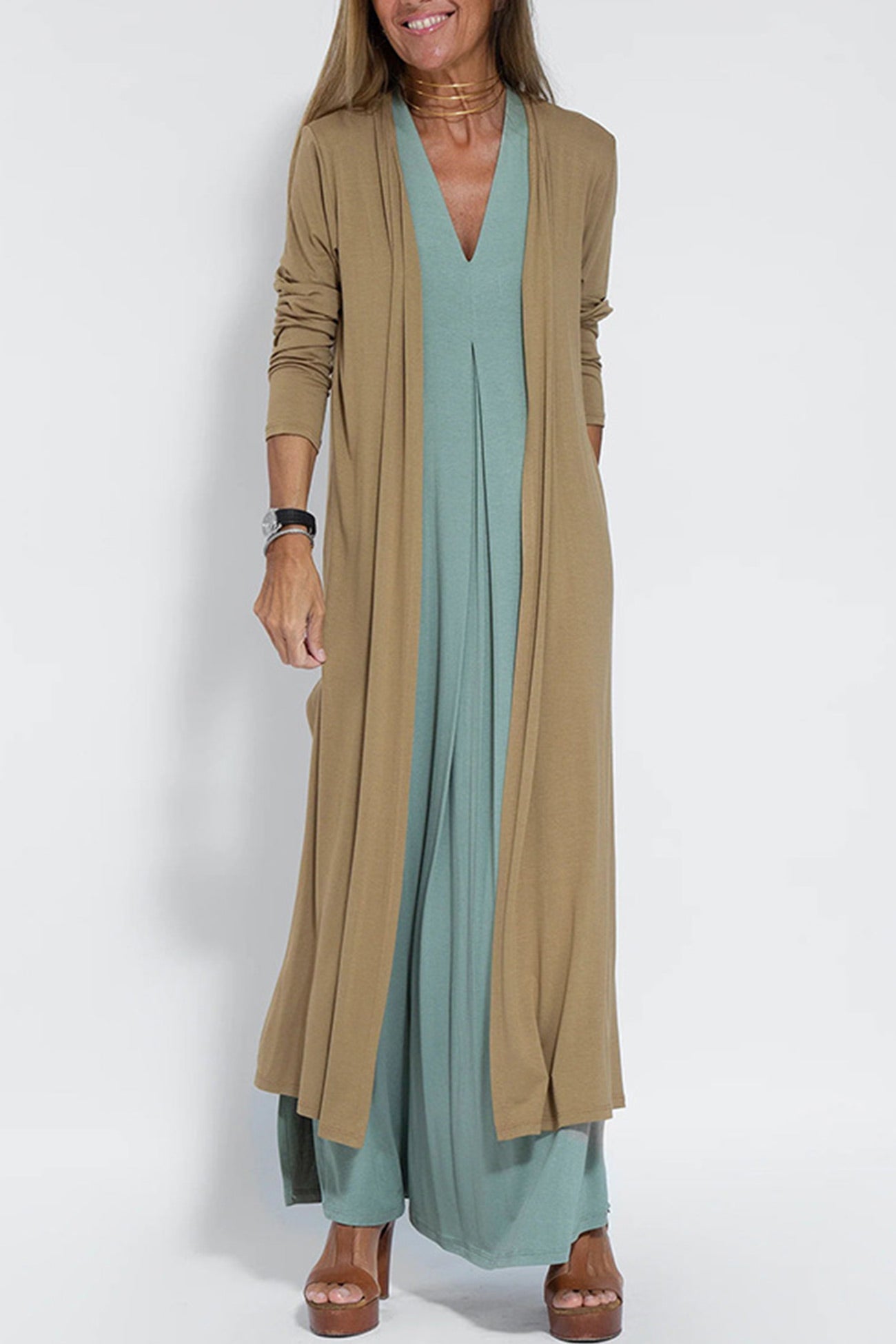 Stylish V Neck Tank Dress and Long Cardigan Set for You