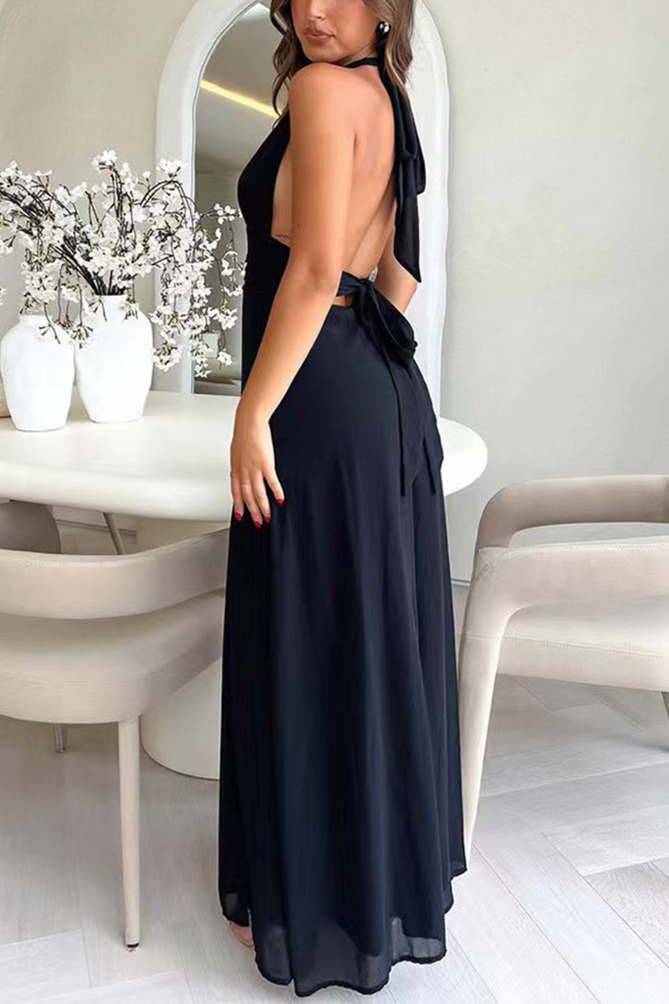 V Neck Tie-back High Slit Maxi Dress