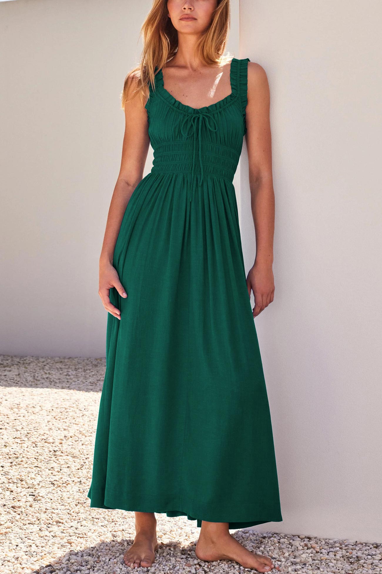 V Neck Tie-up Smocked Midi Dress