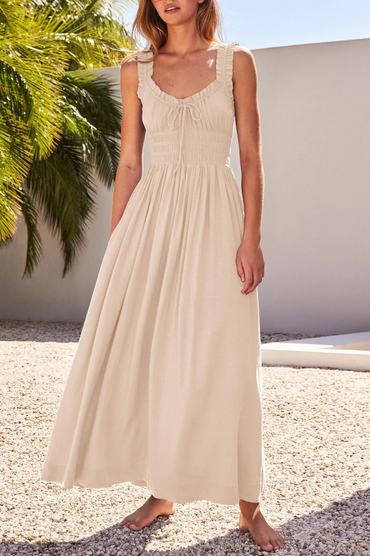 V Neck Tie-up Smocked Midi Dress