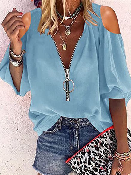 V-Neck Zip Off-Shoulder Long Sleeve Blouse - Fashionpara