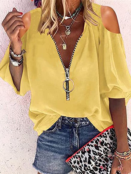 V-Neck Zip Off-Shoulder Long Sleeve Blouse - Fashionpara