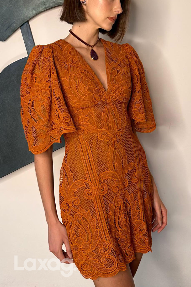 22822 - V-Neck Half Sleeves Lace illusion Elegant Party Homecoming Dress