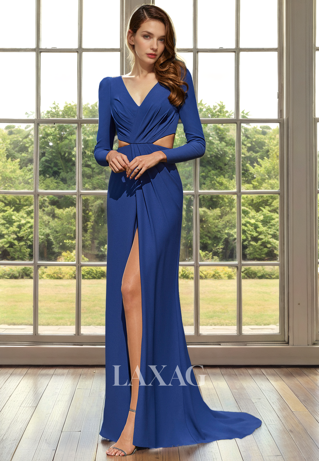 V-Neck Long Sleeves Cutout Sleek Satin Mother of the Bride Dress with Slit and Train