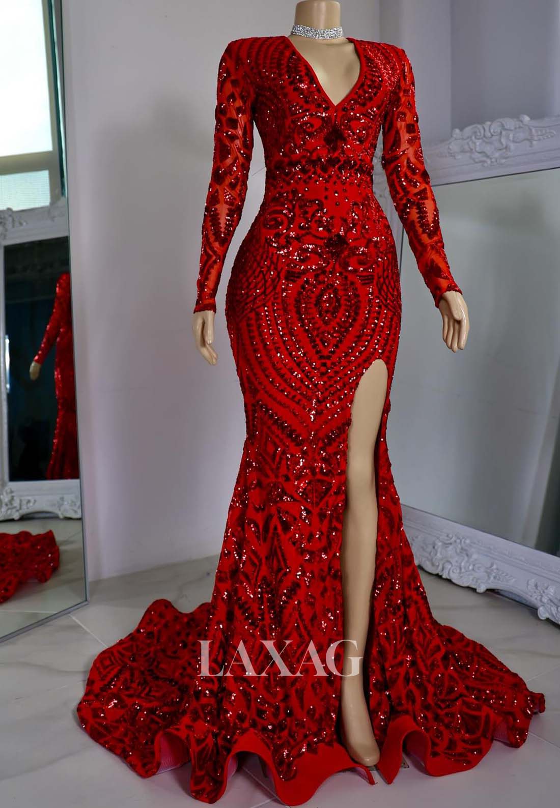 V-Neck Long-Sleeves Fully Sequins High Slit Sweep Train Mermaid Prom Dress for Black Girl Slay