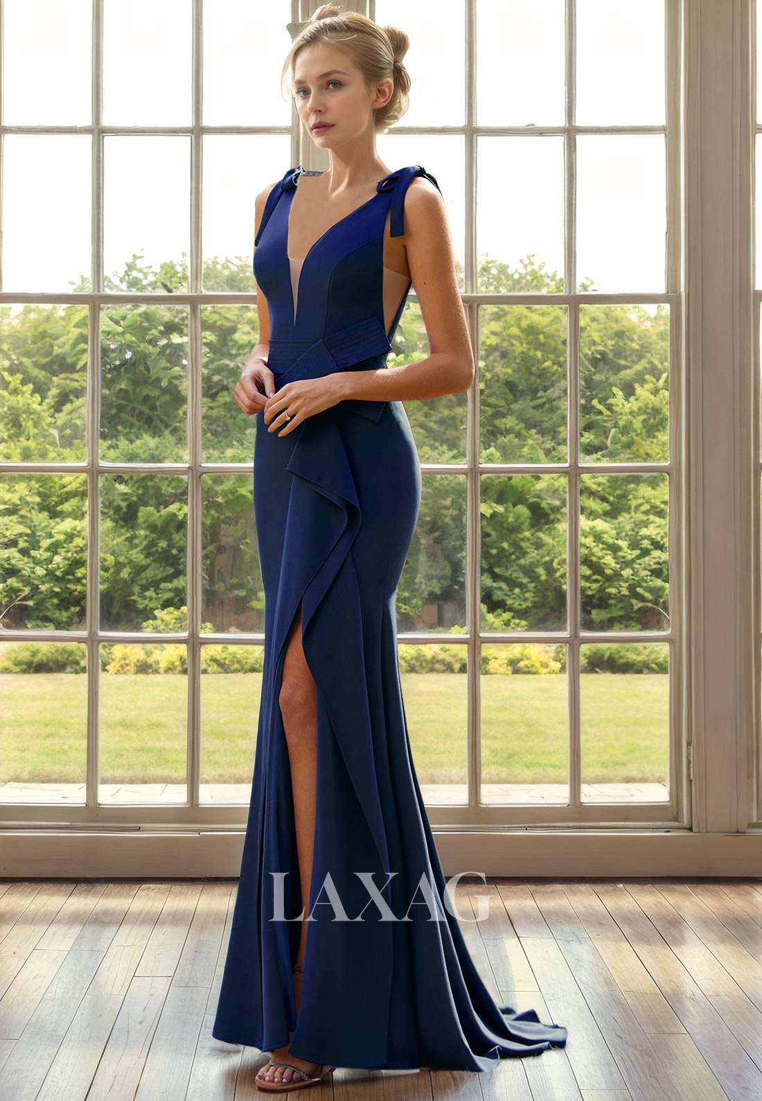 V-Neck Sleeveless Sleek Satin Mermaid Mother of the Bride Dress with Slit