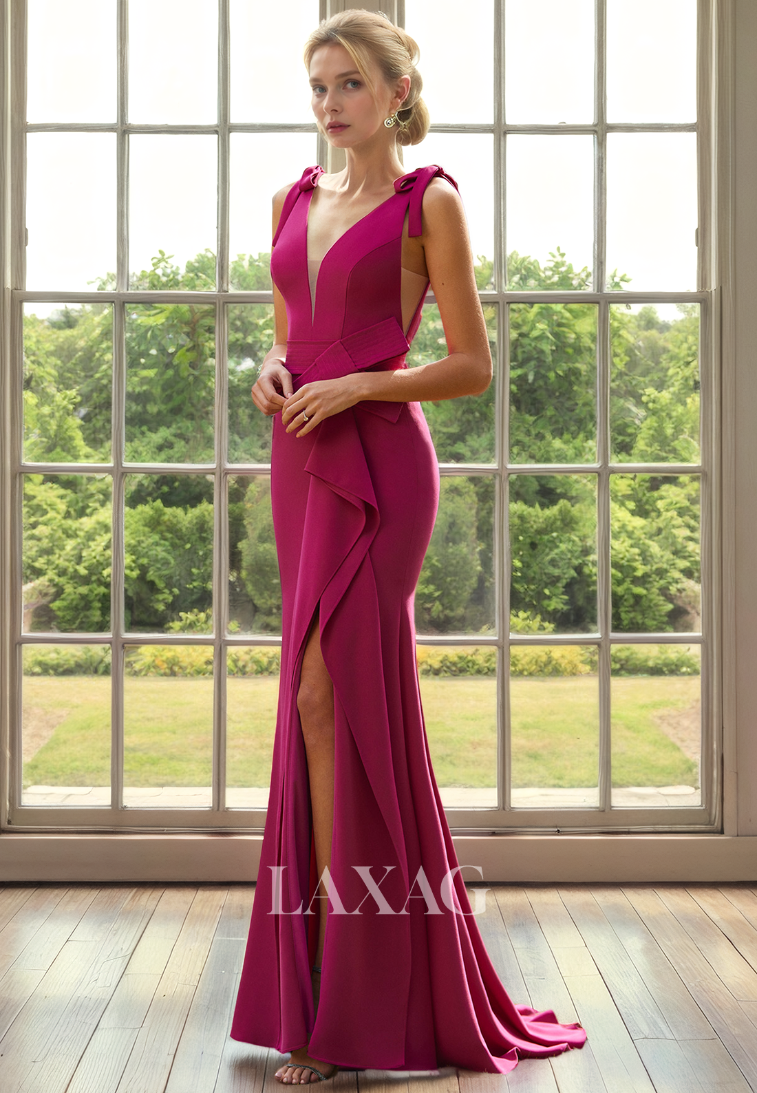 V-Neck Sleeveless Sleek Satin Mermaid Mother of the Bride Dress with Slit