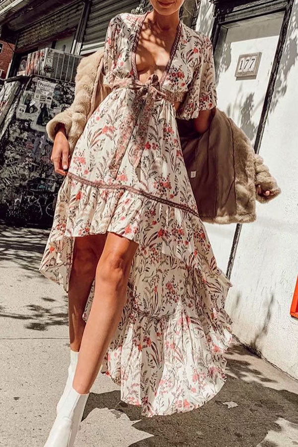Floral High Low Tie Front Ruffle Dress