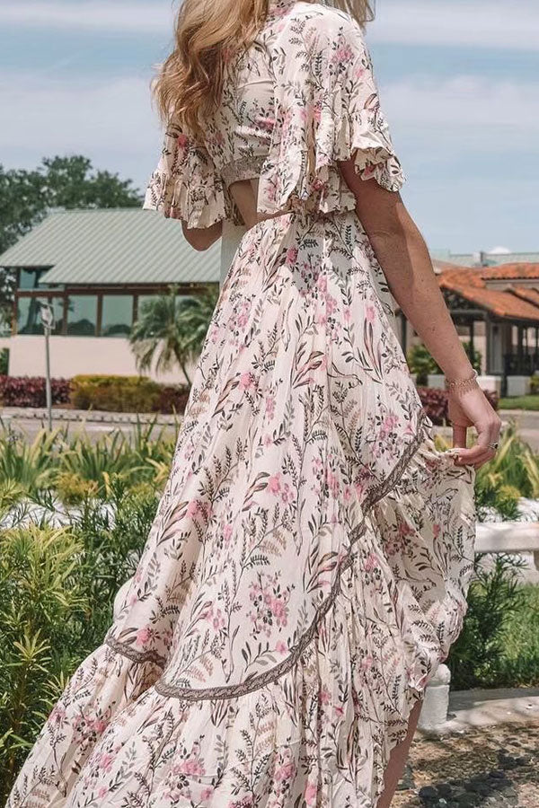 Floral High Low Tie Front Ruffle Dress