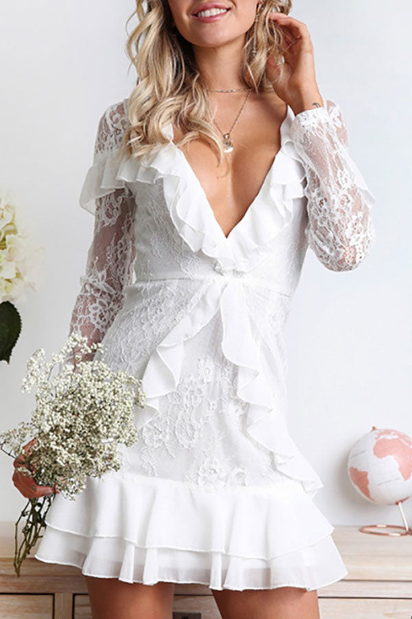 V-Neck Lace Short Ruffled Dress - Mislish