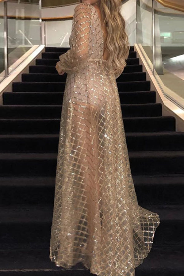 V-neck Backless See-thru Long Dress